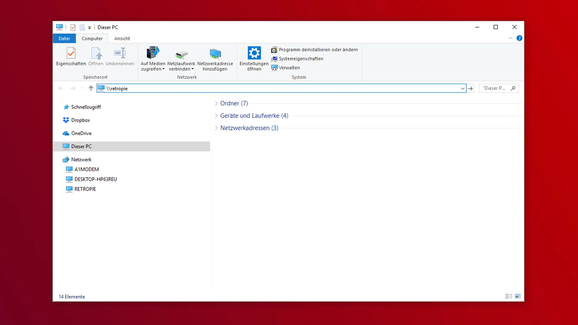 Windows Explorer: \retropie in die Adressleiste eingeben