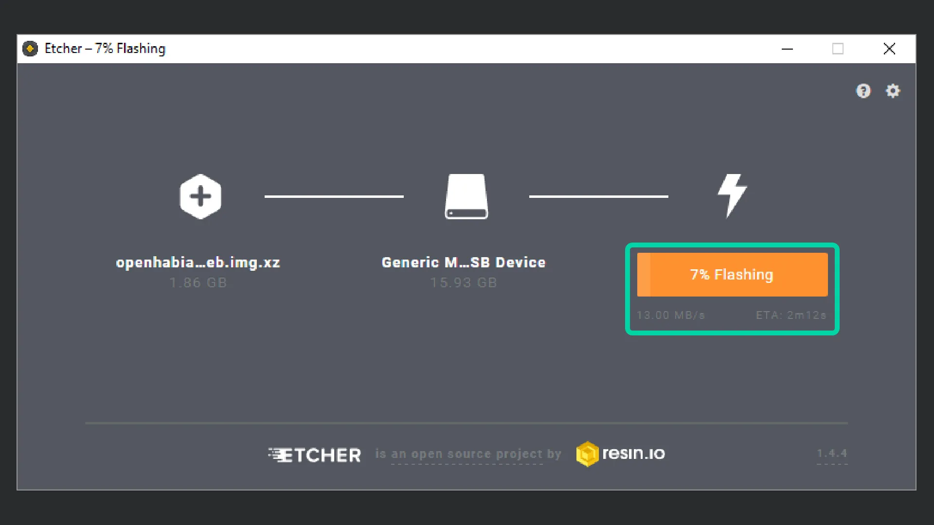 Etcher: Schreibvorgang läuft