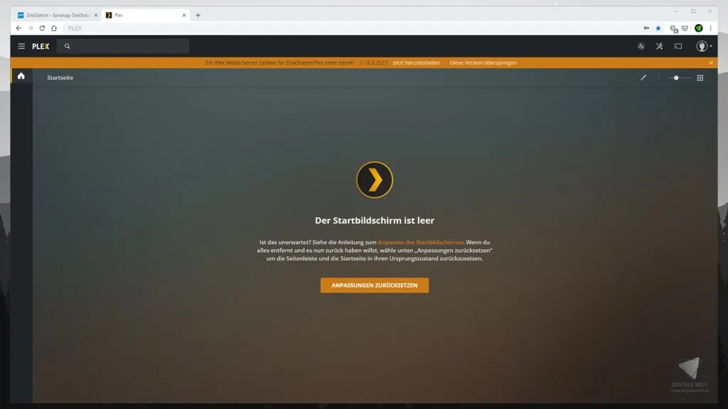 DiskStation Plex – leerer Startbildschirm