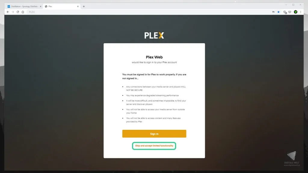 DiskStation Plex – Plex ohne Konto nutzen