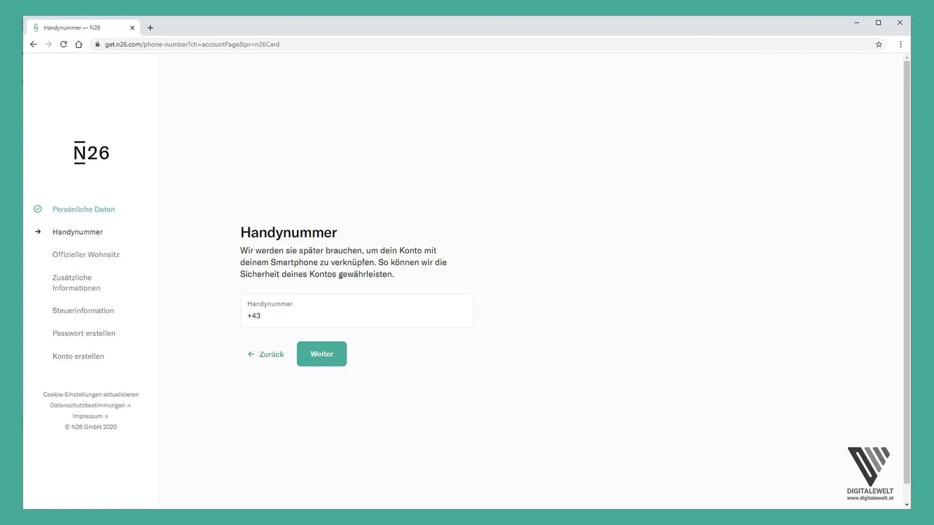 N26 Konto eröffnen – Handynummer eingeben