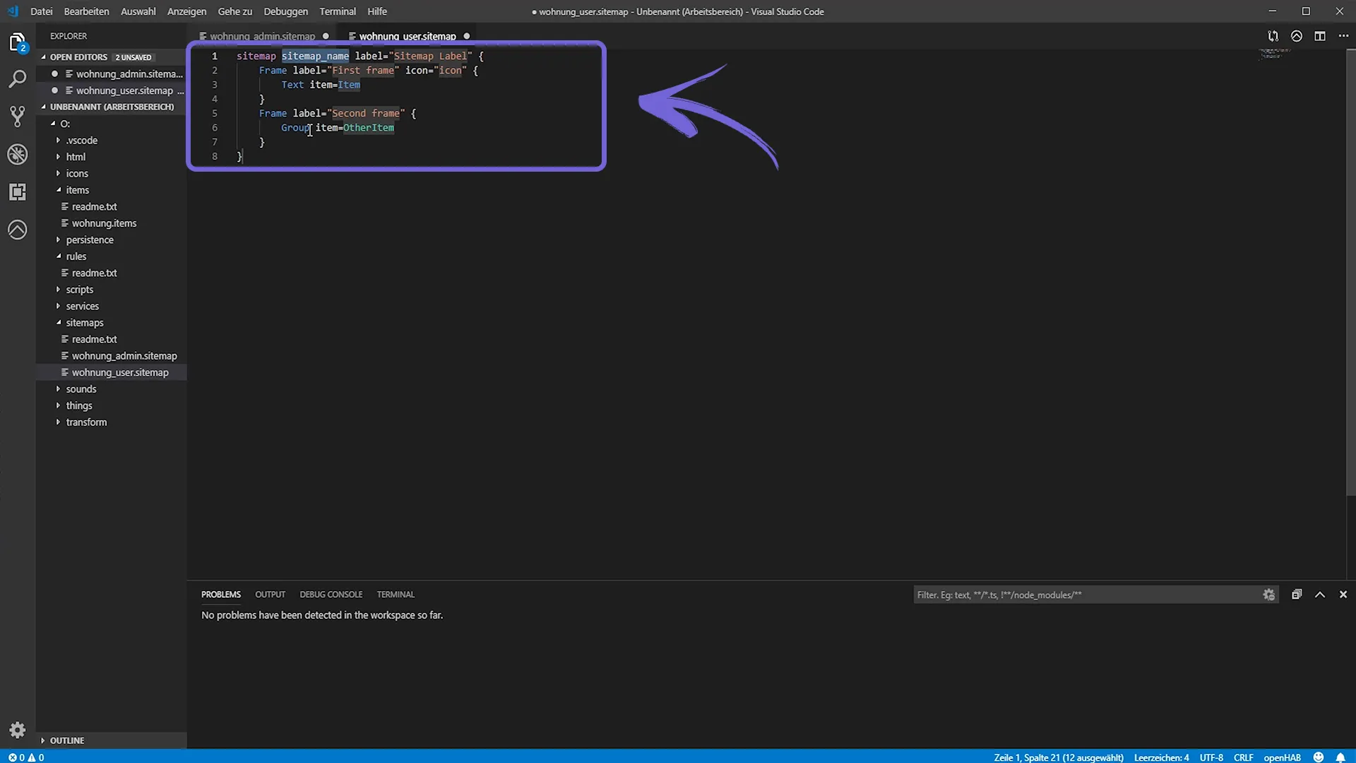 openHAB 2 Visual Studio Code – Sitemap Vorlage